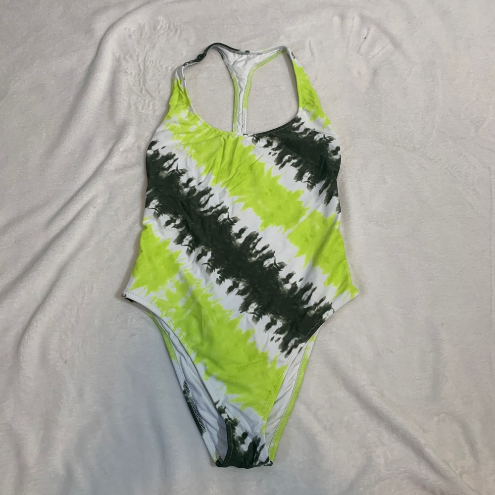 Aerie Tie Dye One Piece Swimsuit Neon Green‎ Black White Racerback Size M